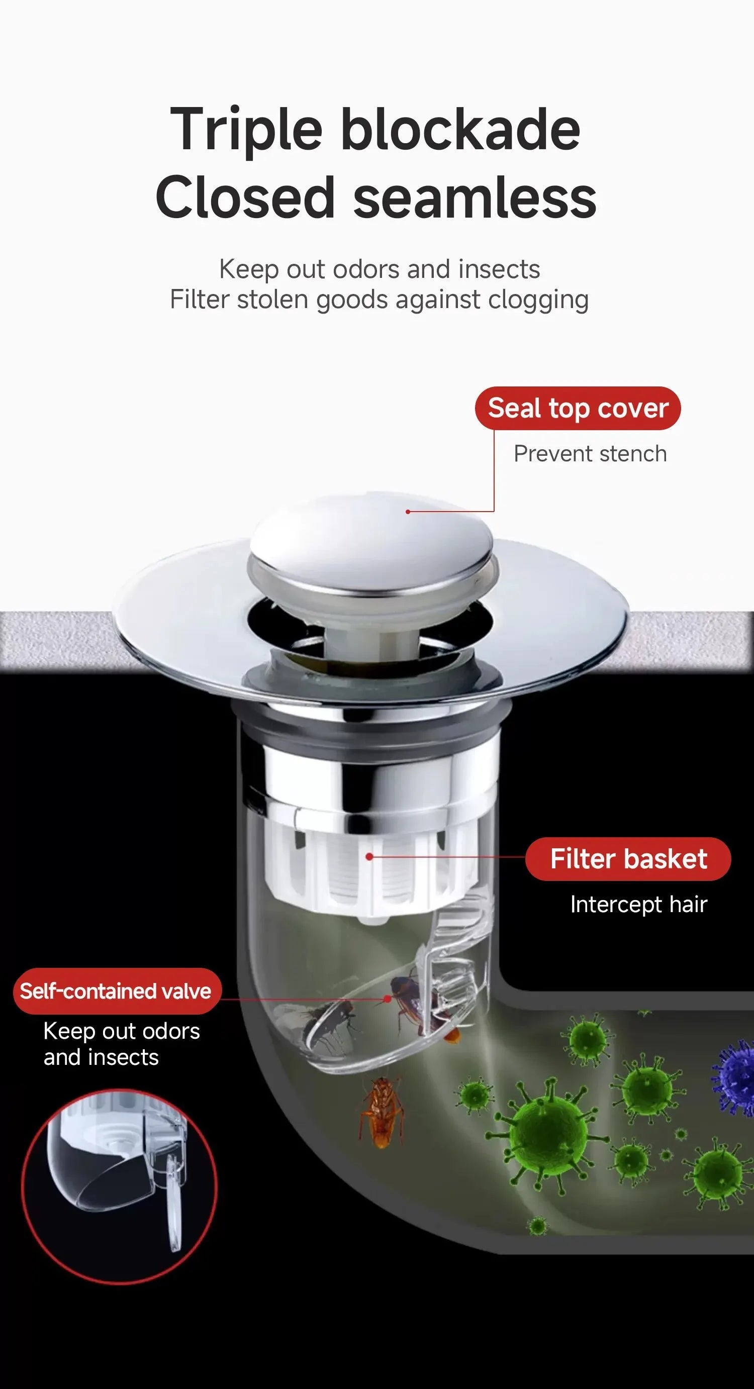 Universal Pop-Up Sink Drain Stopper with Hair Catcher | Anti-Clog Bathroom Basin Filter