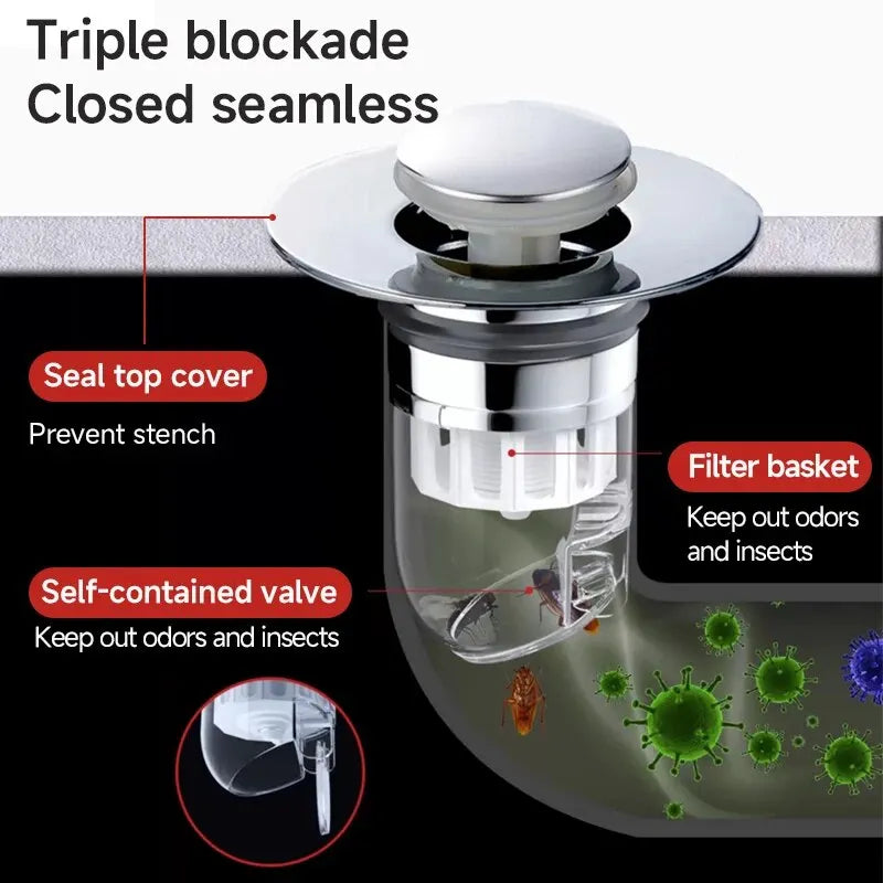 Universal Pop-Up Sink Drain Stopper with Hair Catcher | Anti-Clog Bathroom Basin Filter